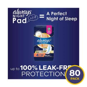 Always - Ultra Thin Size 4 Overnight Pads With Wings, Unscented - 80 Ct