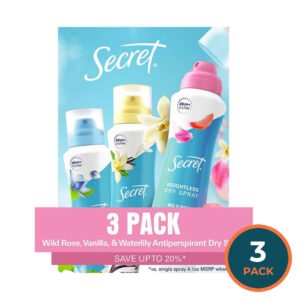 Secret - Dry Spray Women's Antiperspirant Deodorant, Vanilla, Wild Rose & Waterlily - 4.1 oz - 3 Pack