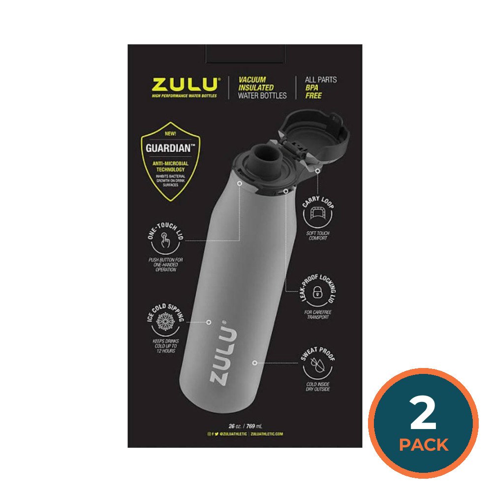 ZULU Stainless Insulated Water Bottle, 2 Pack (Yuca/Grey) - 26 Oz