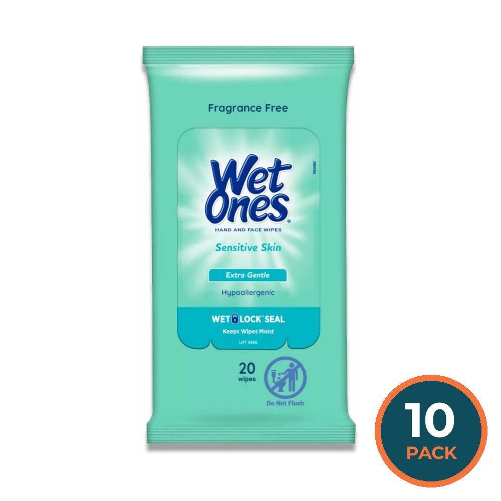 Wet Ones - Sensitive Skin Hand Wipes Travel Pack, Fragrance Free - 20 Ct - 10 Pack