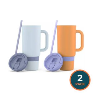 Ello - Port Stainless Steel Tumbler with Handle, Light Wash and Orange - 40 Oz - 2 Pack