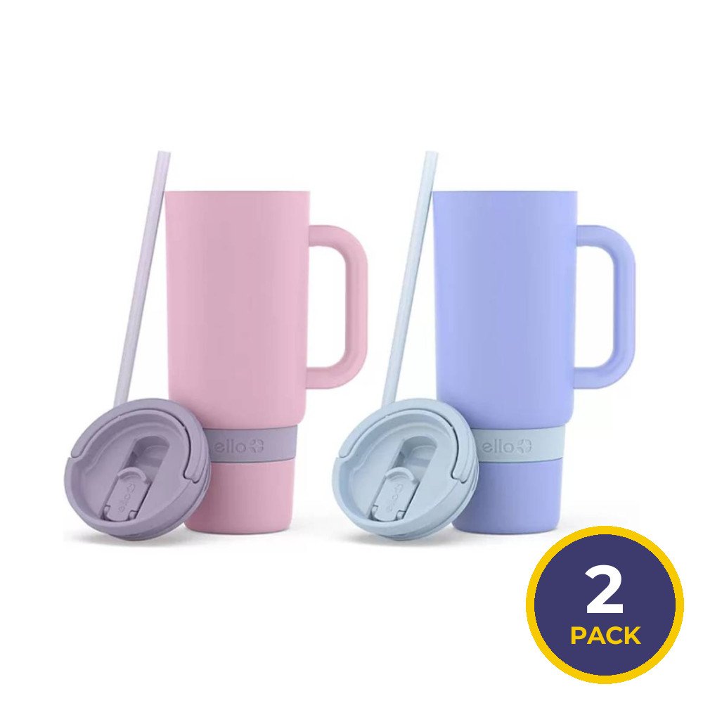 Ello - Port Stainless Steel Tumbler with Handle, Thistle and Cornflower - 40 Oz - 2 Pack
