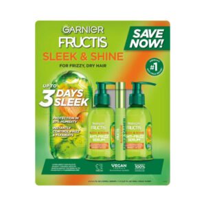 Garnier Fructis - Sleek & Shine Kit, Anti-Frizz Serum, 2 Pack/5.1 fl oz + Frizz Tamer 0.28 fl oz