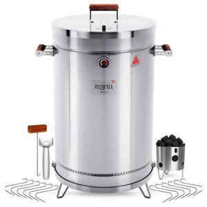INGRILL 3-in-1 Basic Large Stainless Steel Smoker Barrel Grill – Portable Charcoal BBQ with Thermometer, 40 lbs