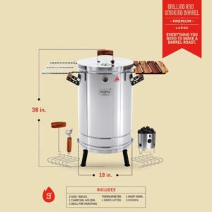 INGRILL 3-in-1 Premium Large Stainless Steel Smoker Barrel Grill – Portable Charcoal BBQ with Thermometer, 40 lbs