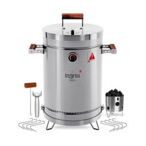 INGRILL 3-in-1 Basic Small Stainless Steel Smoker Barrel Grill – Portable Charcoal BBQ with Thermometer, 12 lbs