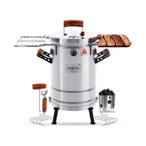 INGRILL 3-in-1 Premium Small Stainless Steel Smoker Barrel Grill – Portable Charcoal BBQ with Thermometer, 12 lbs