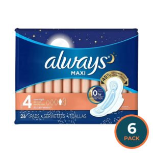 Always Maxi Overnight Pads with Wings, Size 4 26 Ct – 6 Pack