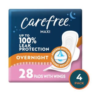 Carefree Maxi Overnight Pads with Wings  28 Pads – 4 Pack
