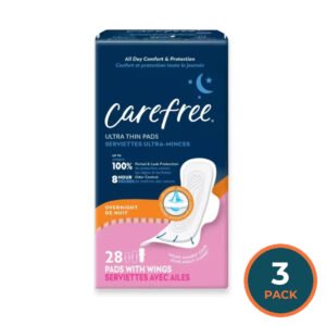 Carefree Ultra Thin Overnight Pads with Wings – 28 Pads – 3 Pack