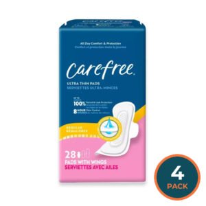 Carefree Ultra Thin Regular Pads with Wings – 28 Pads – 4 Pack