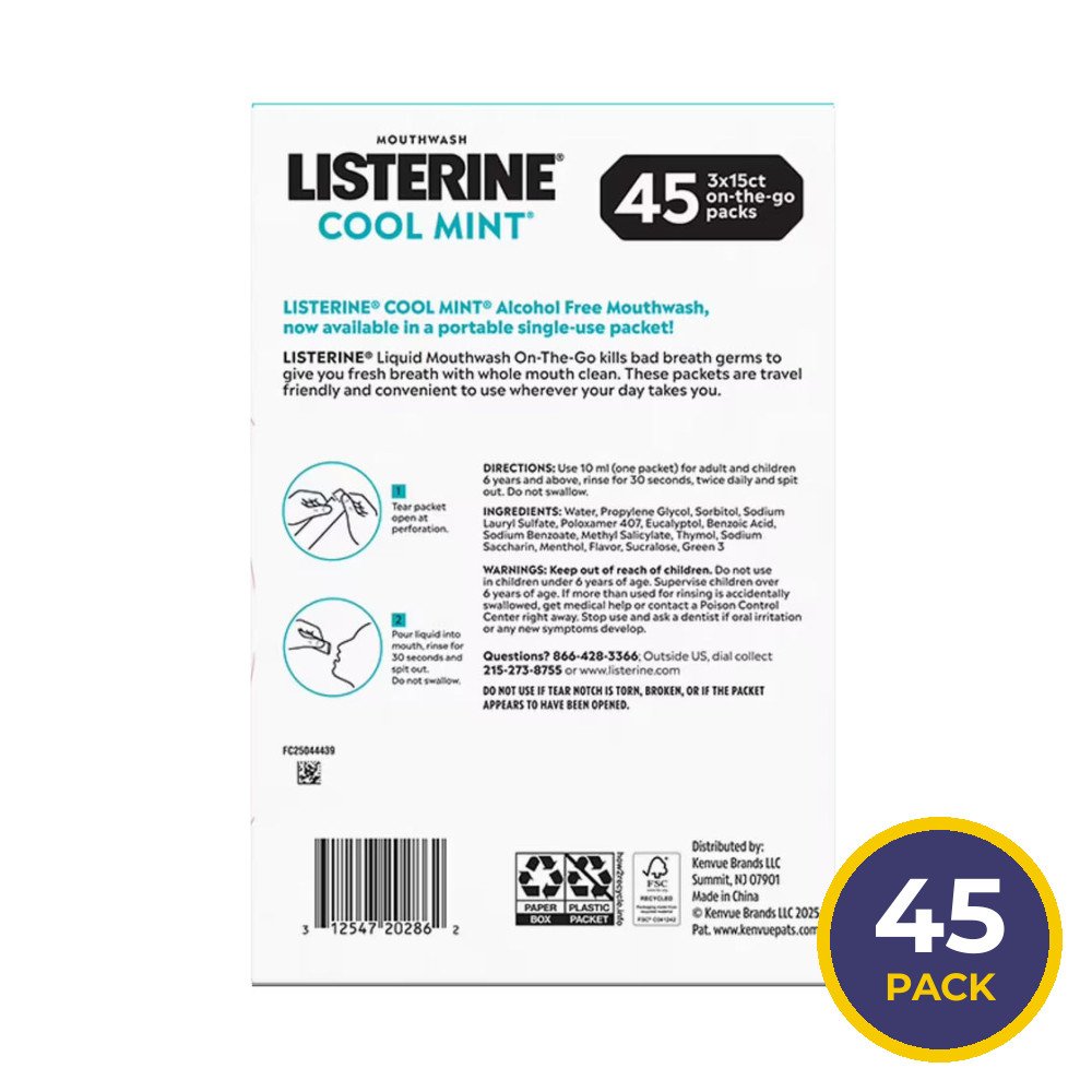 Listerine On-The-Go Cool Mint Mouthwash Sachets, Alcohol-Free, 45 Count