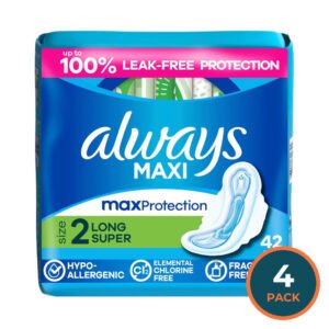 Always Maxi Pads Long Super Absorbency Unscented with Wings Size 2 - 42 Ct - 12 Pack