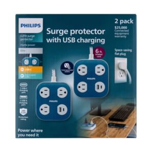 Philips EZFit Surge Protector with USB Charging 2 Pack, 6 Grounded Outlets