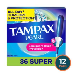 Tampax Pearl Tampons Super Absorbency with LeakGuard Braid Unscented 36 Ct - 12 Pack