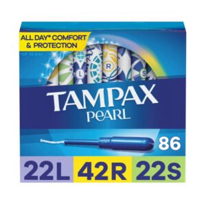 Tampax Pearl Trio Pack Unscented Tampons with Applicators, Light Regular & Super Absorbency, 86 Ct